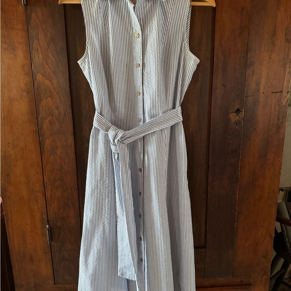 Anne Klein Blue Striped Seersucker Sleeveless Midi Shirt Dress - Picture 3 of 10